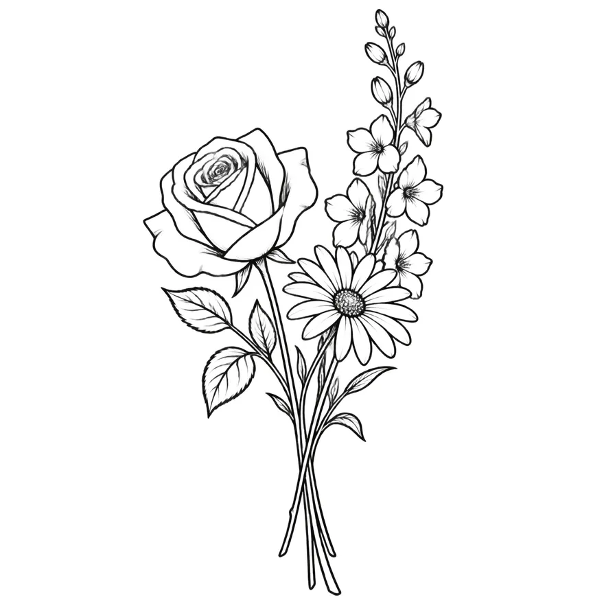 Bouquet of three — family birth flower bouquet tattoo design