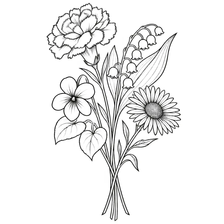 Bouquet of four — family birth flower bouquet tattoo design