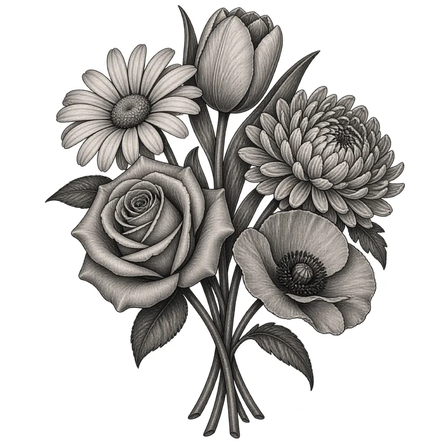 Black & grey bouquet of five — family birth flower bouquet tattoo design