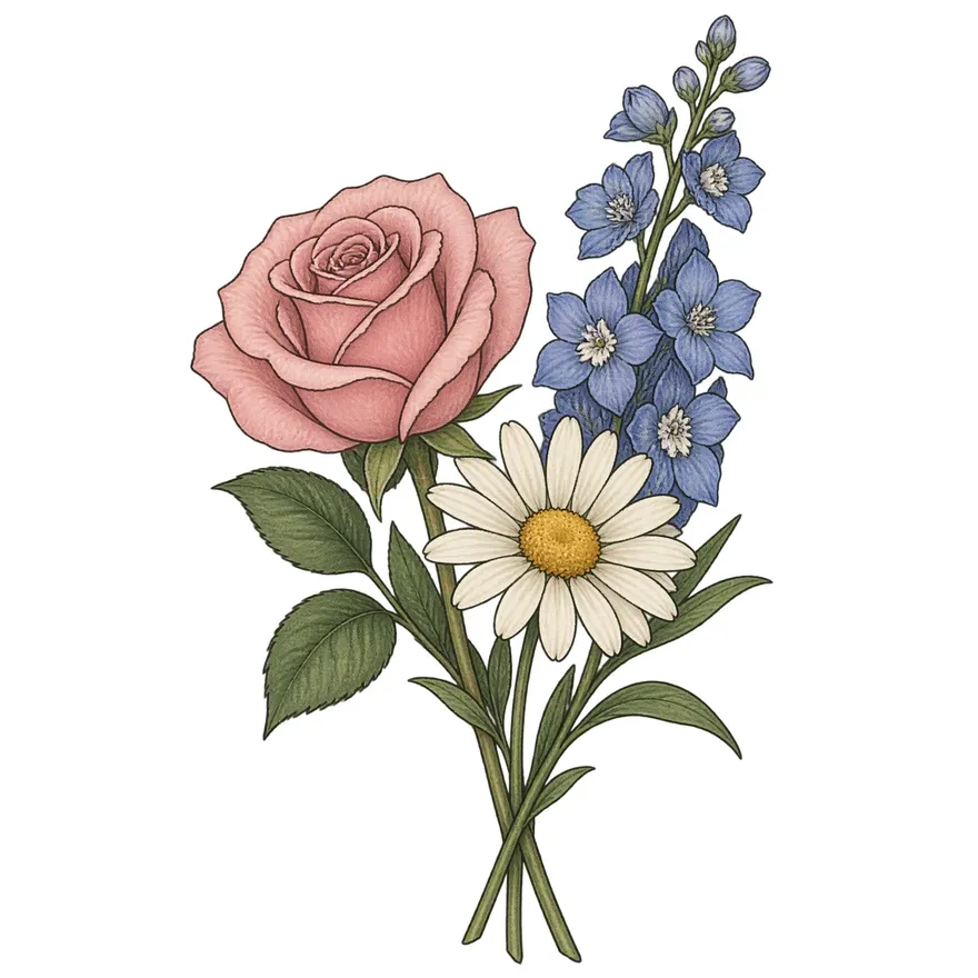 Soft color bouquet — family birth flower bouquet tattoo design
