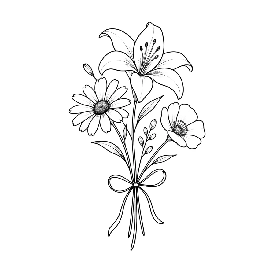 Tied with a ribbon — family birth flower bouquet tattoo design