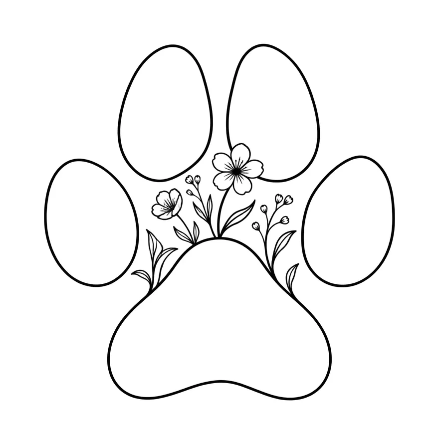 Paw print with wildflowers — dog memorial tattoo design